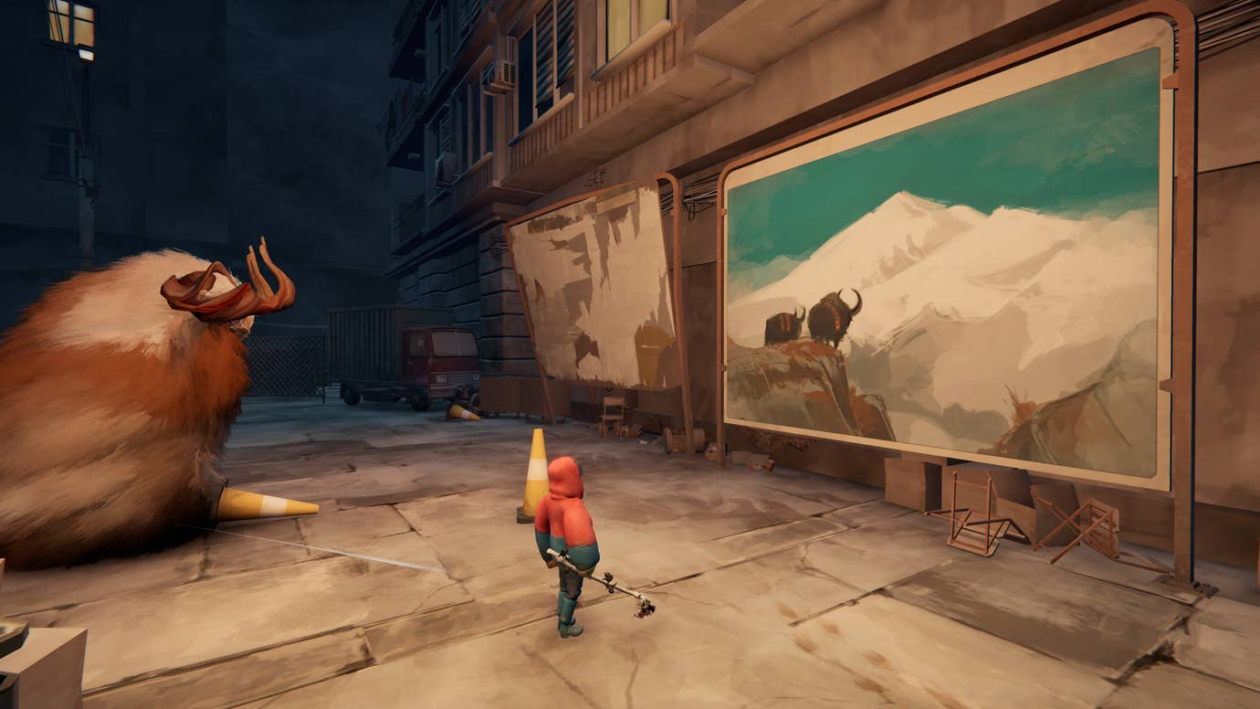 A boyish shepherd and a large goat creature regarding a billboard picture of some other goat creatures on a mountaintop in Herdling.